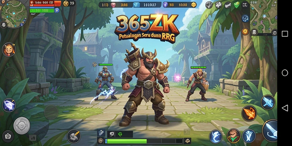 Screenshot gameplay RPG 365ZK menampilkan pertarungan epik dan karakter yang menawan.