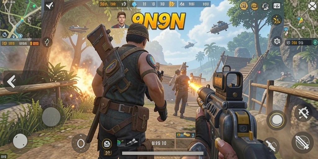 Screenshot gameplay 9N9N yang menampilkan pertempuran intens.