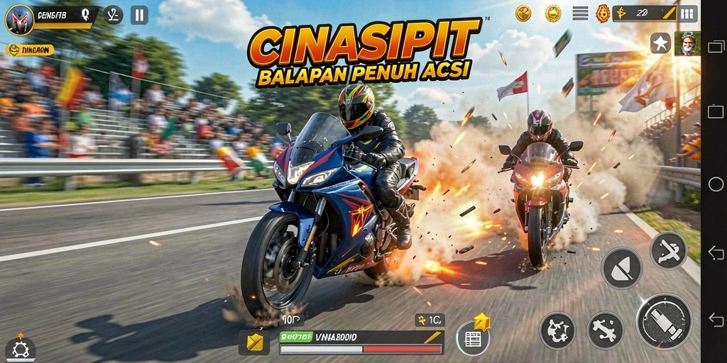 Screenshot utama CINASIPIT menampilkan balapan motor yang mendebarkan.