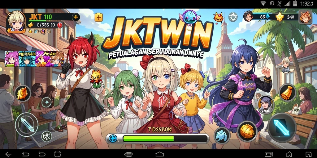 Tampilan gameplay JKTWIN yang penuh aksi dan karakter anime.