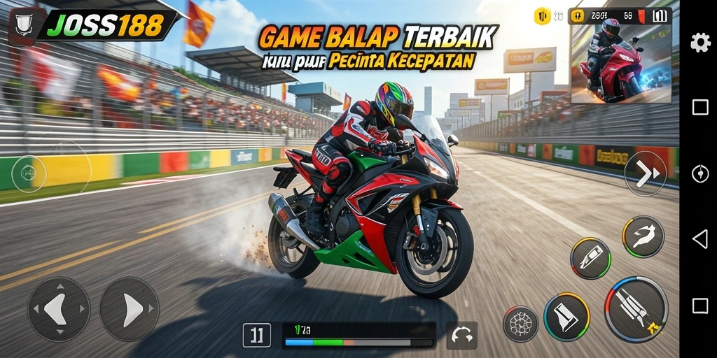 Screenshot gameplay JOSS188 menampilkan balapan motor seru di trek yang menantang.