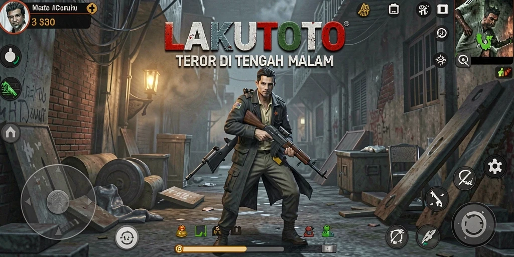 Screenshot permainan LAKUTOTO menunjukkan suasana mencekam dengan efek visual yang menakutkan.