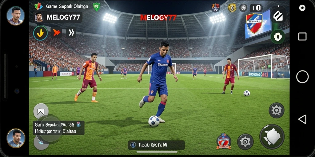 Screenshot utama gameplay MELODY77 menampilkan momen mendebarkan pertandingan sepak bola.