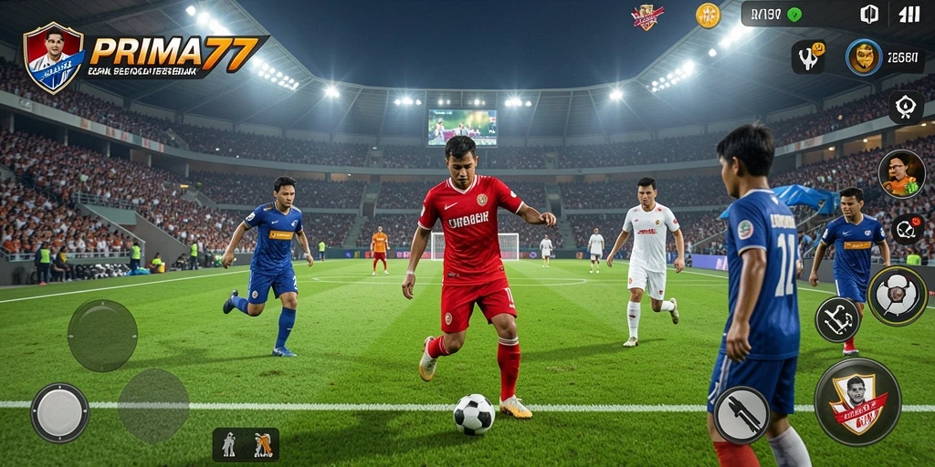 Tangkapan layar gameplay dari PRIMA77 yang menampilkan aksi sepak bola yang mendebarkan.