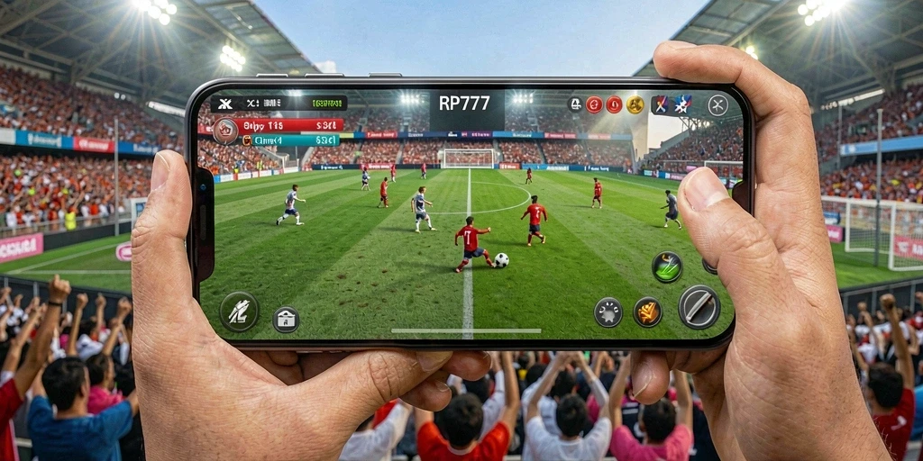 Screenshot RP777 menampilkan aksi seru di lapangan sepak bola.